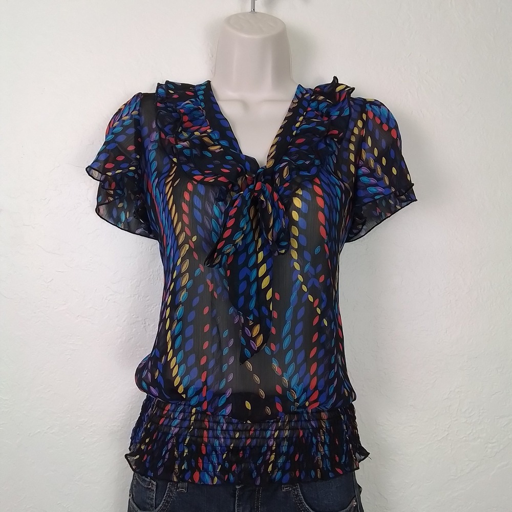 New Directions Sheer Ruffle Blouse Sz S Black Multi Tie Neck Short Sleeve Boho